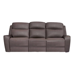 Benjara Akto Power Reclining Sofa- Gray Faux Leather- Drop Table Cup Holders