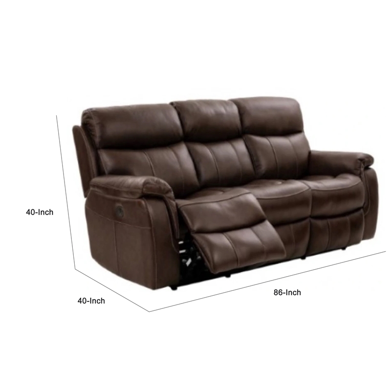 Benjara Runy Power Recliner Sofa- Pillowy Brown Top Grain Leather- 86 Inch
