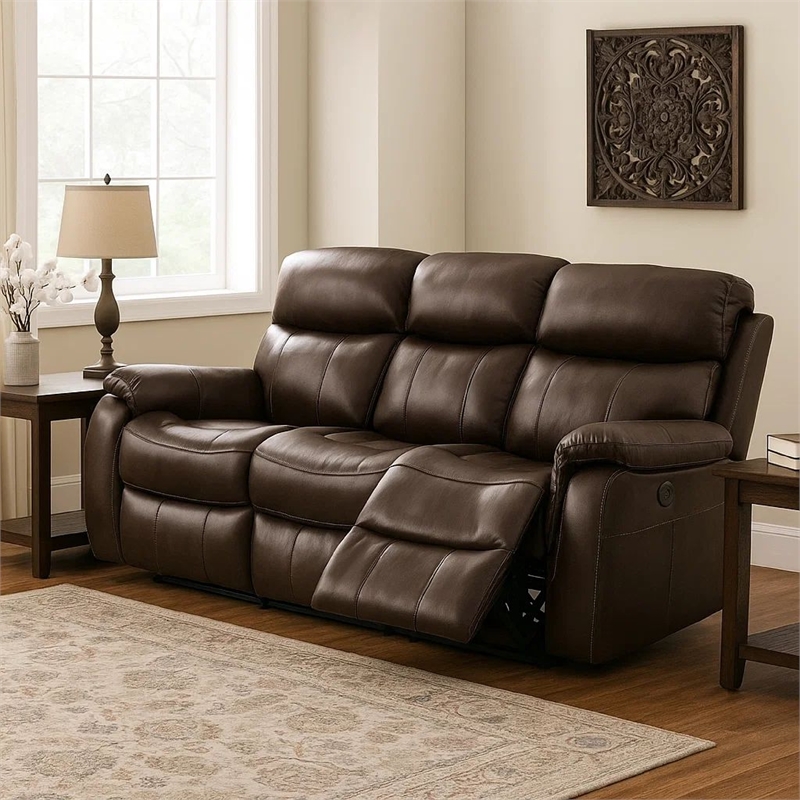Benjara Runy Power Recliner Sofa- Pillowy Brown Top Grain Leather- 86 Inch