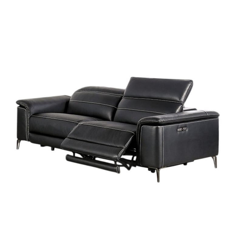 Benjara Cuny Power Reclining Sofa- Black Faux Leather- 88