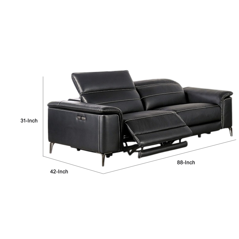 Benjara Cuny Power Reclining Sofa- Black Faux Leather- 88