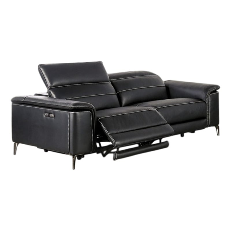 Benjara Cuny Power Reclining Sofa- Black Faux Leather- 88