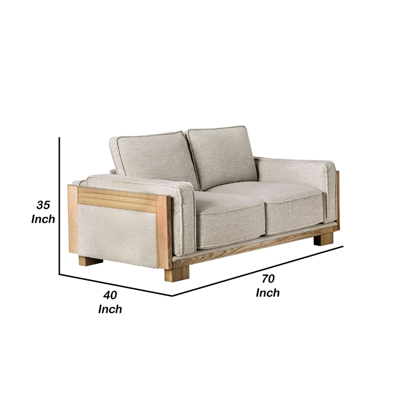 Benjara Denu Loveseat- Light Brown Fabric Padded- Welt Trim Details- 70 Inch
