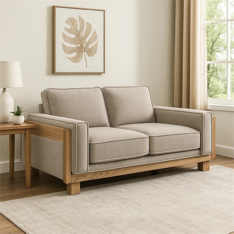 Benjara Denu Loveseat- Light Brown Fabric Padded- Welt Trim Details- 70 Inch