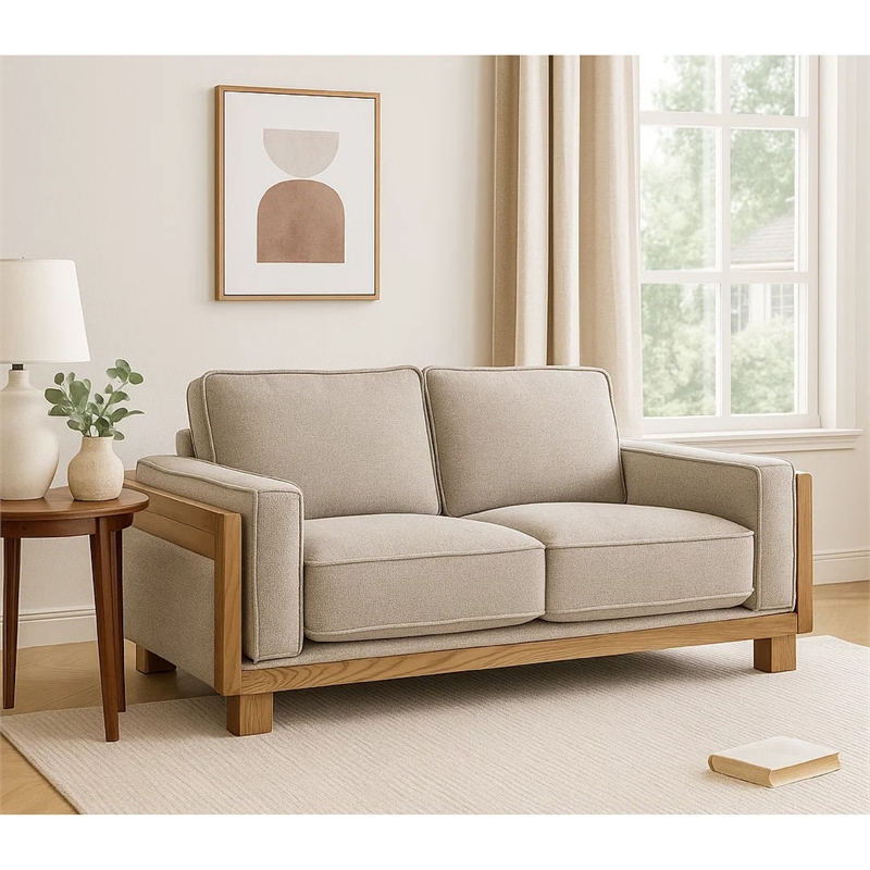 Benjara Denu Loveseat- Light Brown Fabric Padded- Welt Trim Details- 70 Inch