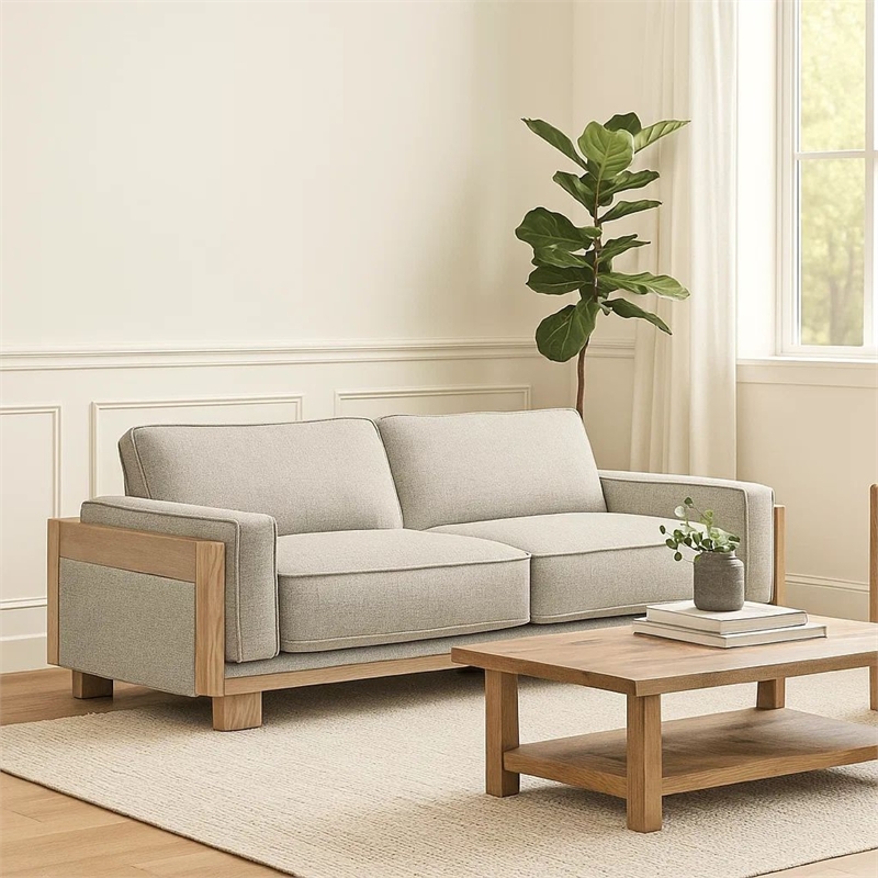 Benjara Denu Sofa- Light Brown Fabric Padded- Welt Trim Details- 93 Inch