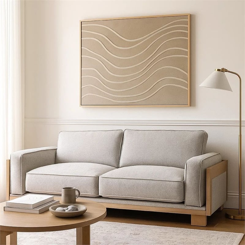 Benjara Denu Sofa- Light Brown Fabric Padded- Welt Trim Details- 93 Inch