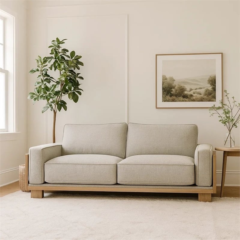 Benjara Denu Sofa- Light Brown Fabric Padded- Welt Trim Details- 93 Inch