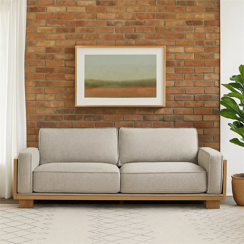 Benjara Denu Sofa- Light Brown Fabric Padded- Welt Trim Details- 93 Inch