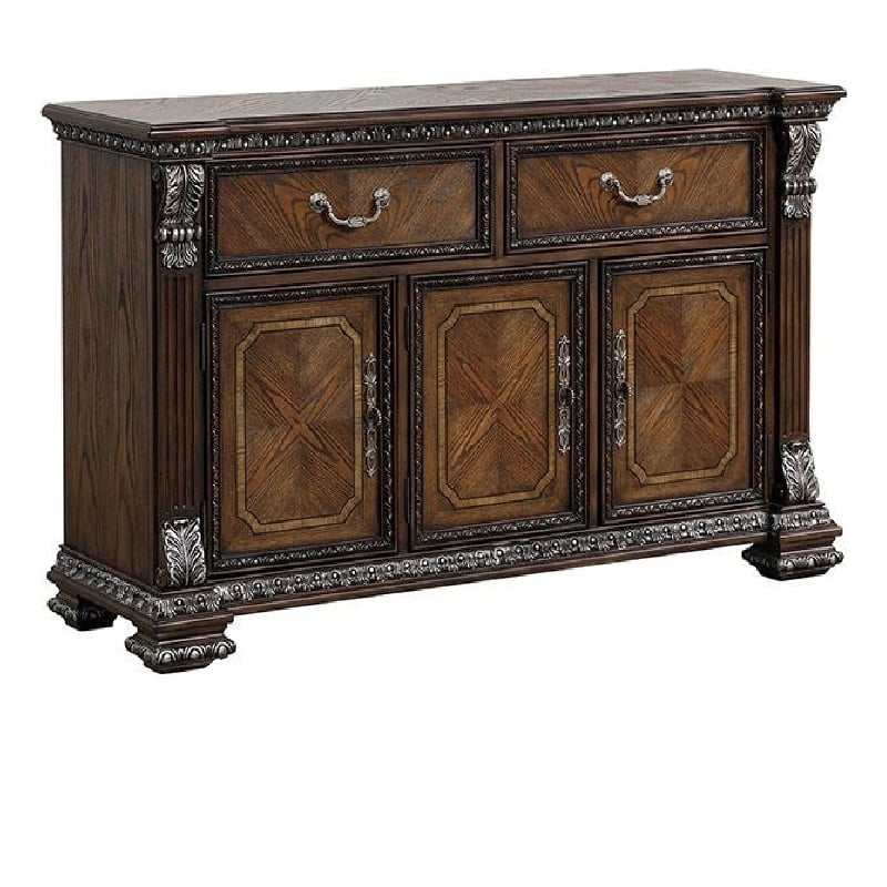 Benjara Naddy Brown Sideboard Buffet Console- Ornate Silver Design- 60 Inch