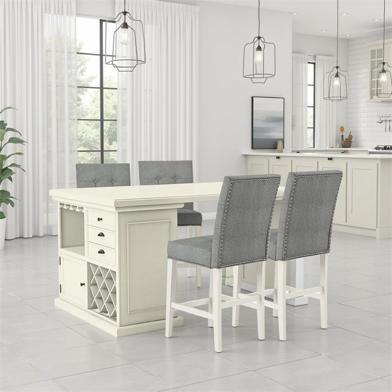 Benjara Tino 5pc Counter Height Table and Chair Set- Antique White Solid Wood