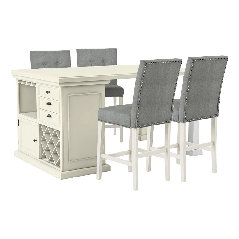 Benjara Tino 5pc Counter Height Table and Chair Set- Antique White Solid Wood