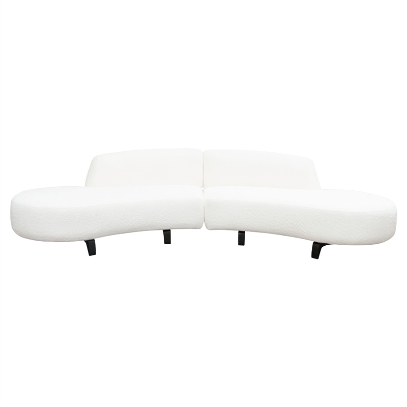 Benjara Ikka 2pc Modular Curved Chaise Set-White Faux Shearling-Black Wood Base