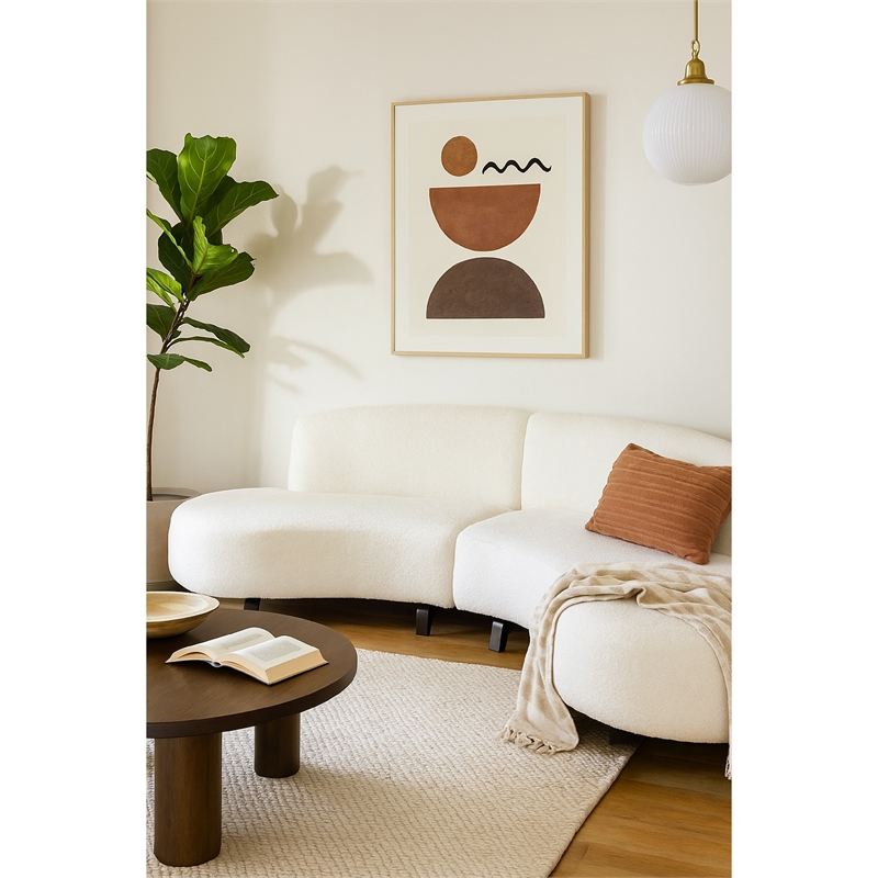 Benjara Ikka 2pc Modular Curved Chaise Set-White Faux Shearling-Black Wood Base