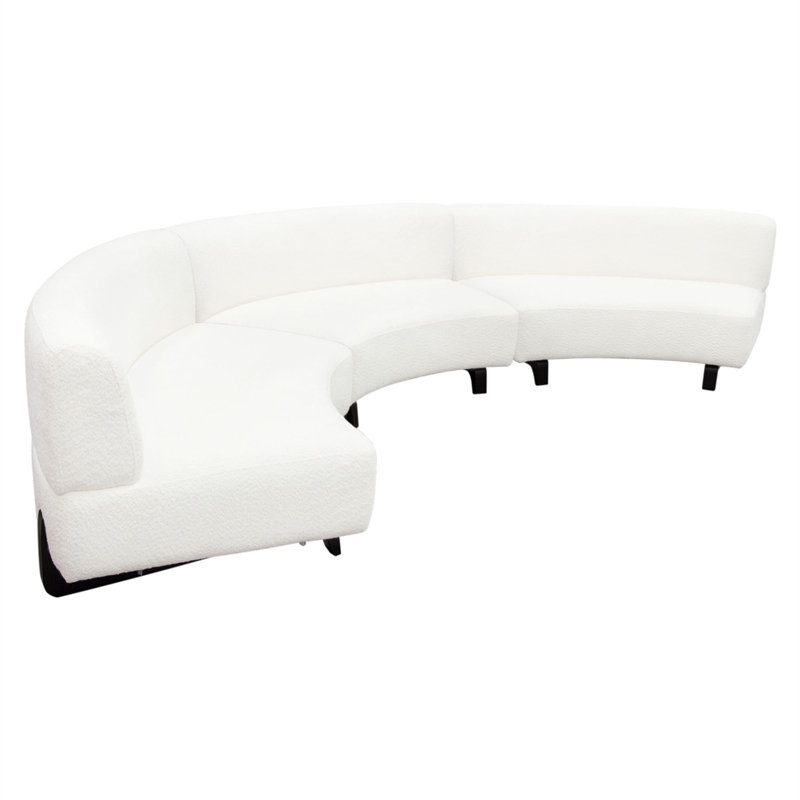 Benjara Ikka 3pc Curved Modular Sofa- White Faux Shearling- Black Wood Base