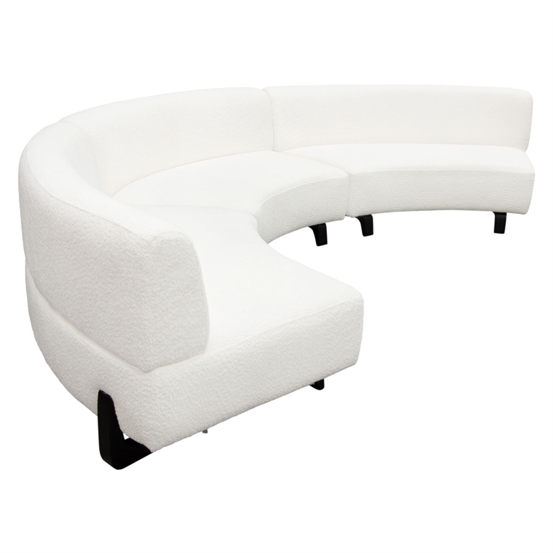 Benjara Ikka 3pc Curved Modular Sofa- White Faux Shearling- Black Wood Base