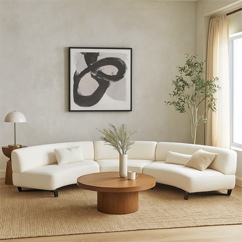 Benjara Ikka 3pc Curved Modular Sofa- White Faux Shearling- Black Wood Base