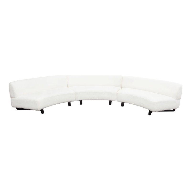 Benjara Ikka 3pc Curved Modular Sofa- White Faux Shearling- Black Wood Base