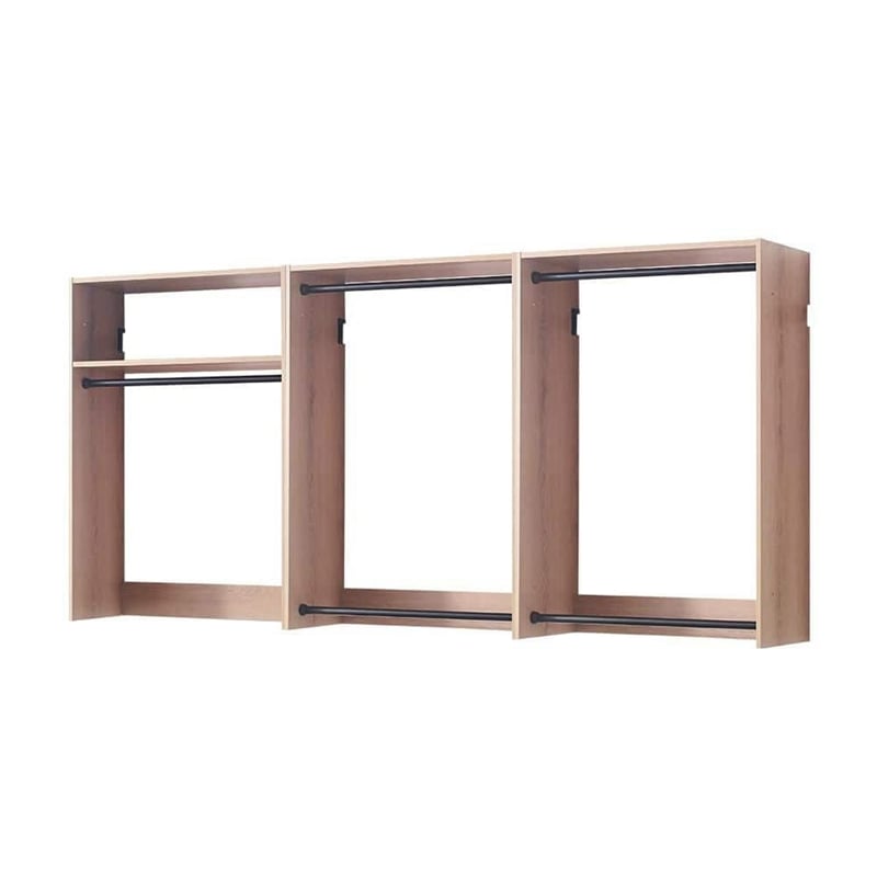 Benjara Vedz Wall Mount Closet Set- 1 Shelf 5 Hanging Rods- Oak Brown Melamine