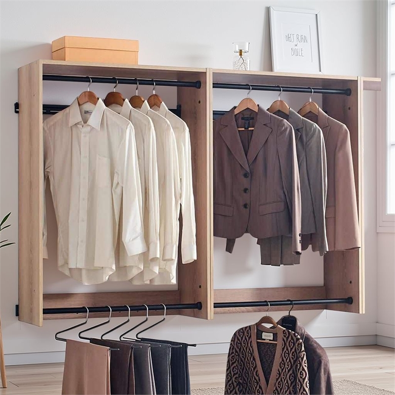 Benjara Vedz Wall Mount Closet Set- 1 Shelf 5 Hanging Rods- Oak Brown Melamine