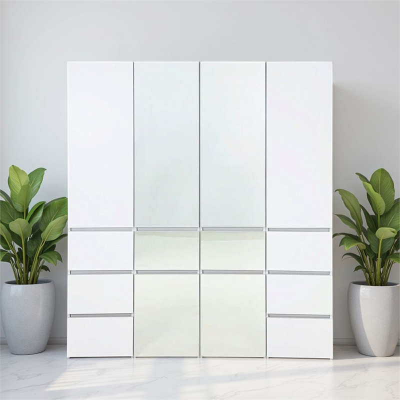Benjara Ely Closet Cabinet Set- 2 Mirror Doors- 8 Drawers- 71 Inch- White Wood