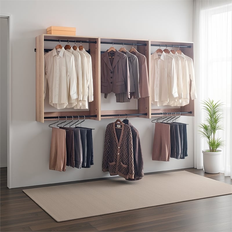 Benjara Vedz Wall Mounted Closet Set- 6 Hanging Rods- Oak Brown Melamine