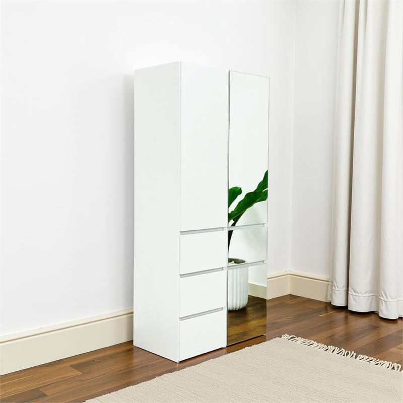 Benjara Ely Closet Cabinet Set- Mirrored Front- 7 Drawers- 71 Inch- White Wood