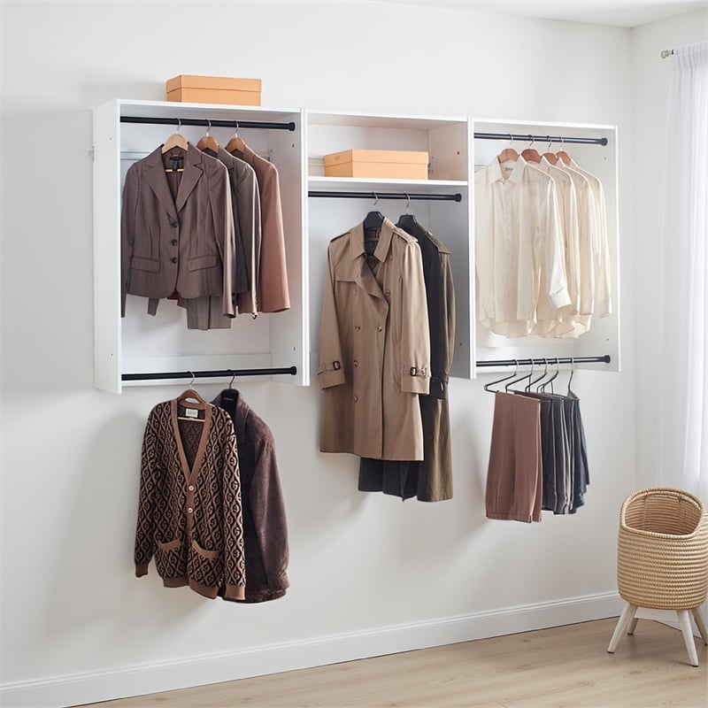 Benjara Vedz Wall Mount Closet Set- 1 Center Shelf 5 Hanging Rods- White