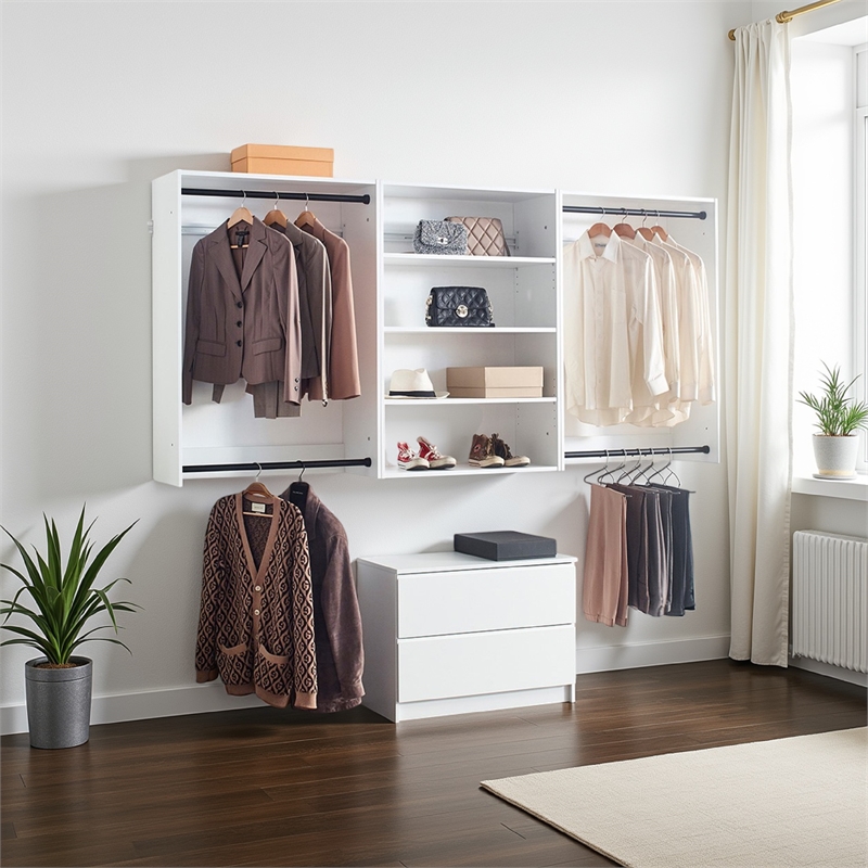 Benjara Vedz Walk in Closet w 2 Drawers- 4 Shelves n Hanging Rods- White Wood