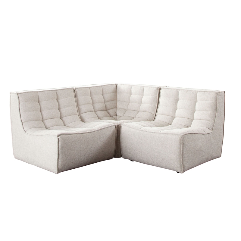 Benjara Ema 3 Piece Sectional Sofa- S& Beige Fabric- Scooped Seat-Grid Tufting