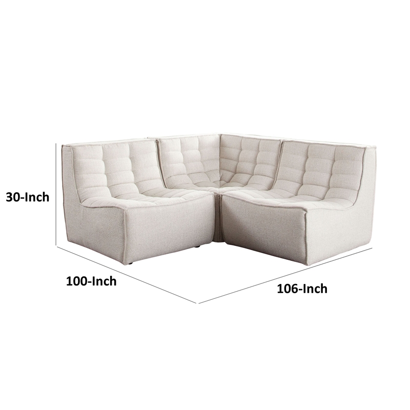 Benjara Ema 3 Piece Sectional Sofa- S& Beige Fabric- Scooped Seat-Grid Tufting
