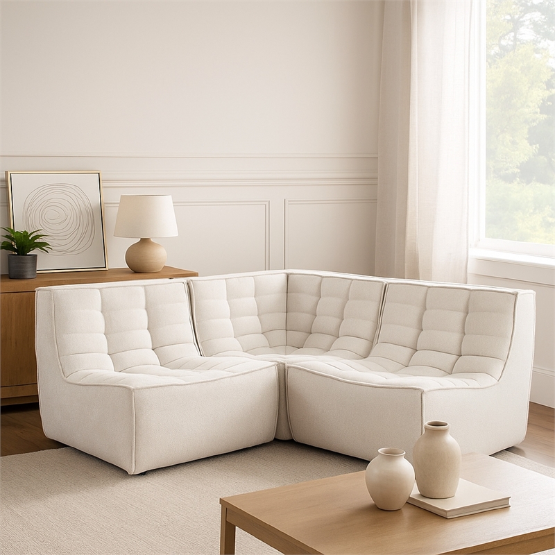 Benjara Ema 3 Piece Sectional Sofa- S& Beige Fabric- Scooped Seat-Grid Tufting