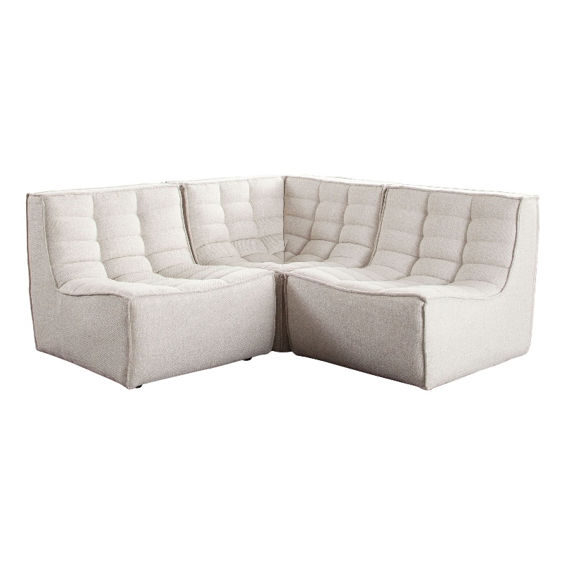 Benjara Ema 3 Piece Sectional Sofa- S& Beige Fabric- Scooped Seat-Grid Tufting