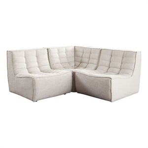 Benjara Ema 3 Piece Sectional Sofa- S& Beige Fabric- Scooped Seat-Grid Tufting