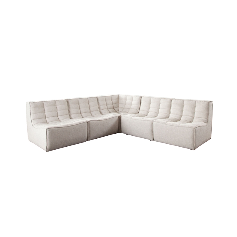 Benjara Ema 5 Piece Sectional Sofa- S& Beige Fabric- Scooped Seat-Grid Tufting