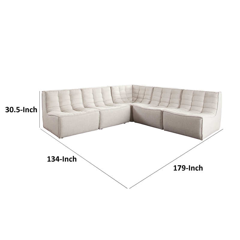 Benjara Ema 5 Piece Sectional Sofa- S& Beige Fabric- Scooped Seat-Grid Tufting