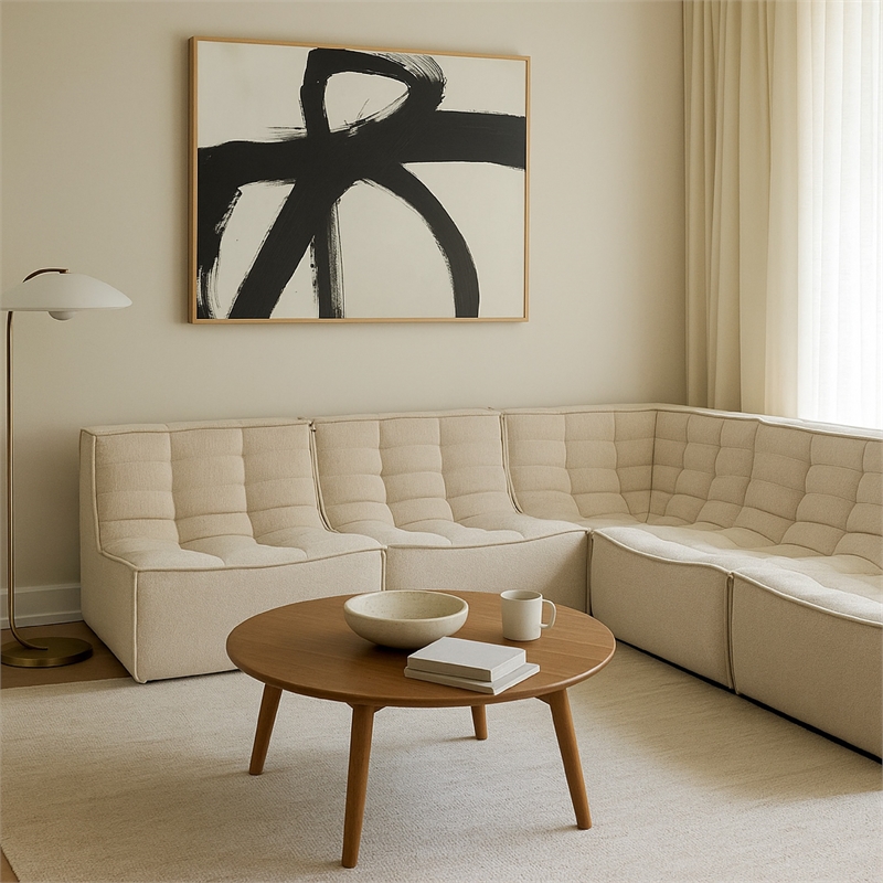 Benjara Ema 5 Piece Sectional Sofa- S& Beige Fabric- Scooped Seat-Grid Tufting