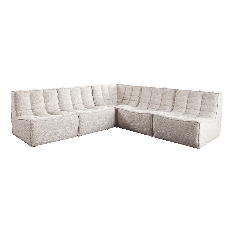 Benjara Ema 5 Piece Sectional Sofa- S& Beige Fabric- Scooped Seat-Grid Tufting