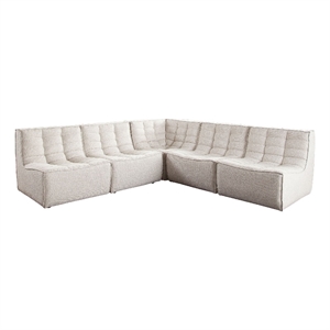 Benjara Ema 5 Piece Sectional Sofa- S& Beige Fabric- Scooped Seat-Grid Tufting