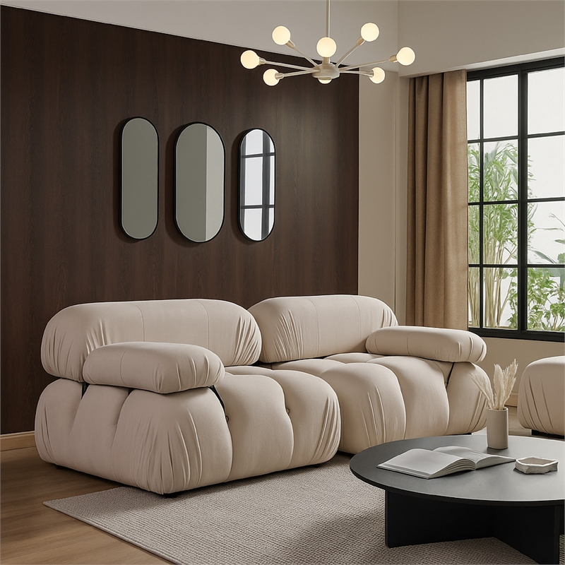 Benjara Hito 2 Piece Modular Armchair Sofa Set- Light Cream Bubble Grid Tufting