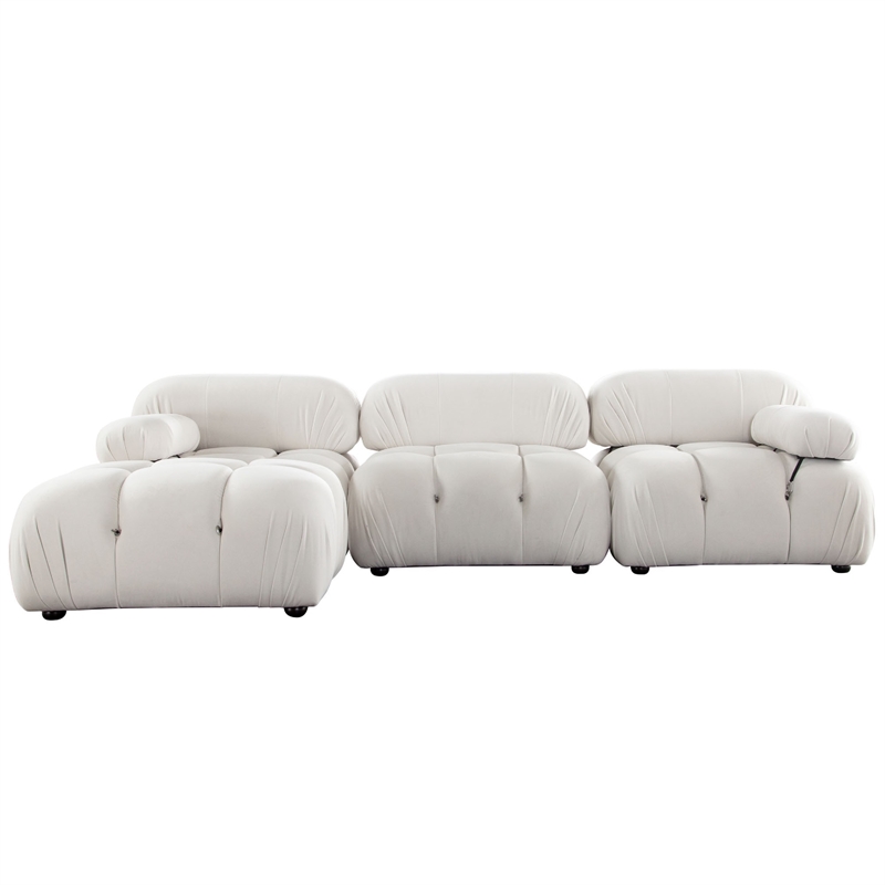 Benjara Hito 4 PC Modular Sectional Chaise Sofa Set- Cream Bubble Grid Tufting