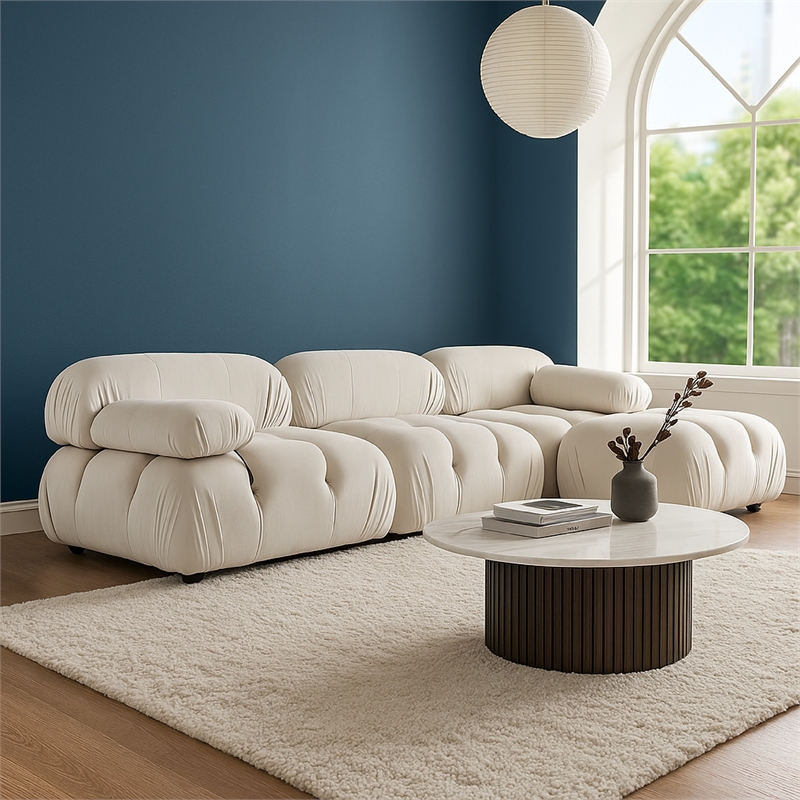 Benjara Hito 4 PC Modular Sectional Chaise Sofa Set- Cream Bubble Grid Tufting