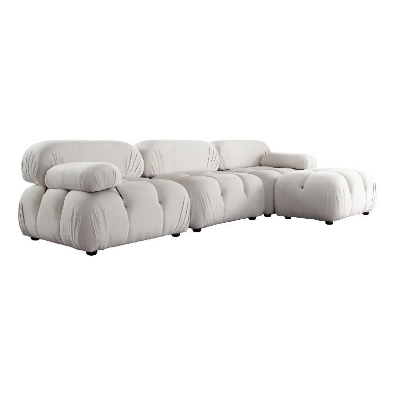 Benjara Hito 4 PC Modular Sectional Chaise Sofa Set- Cream Bubble Grid Tufting