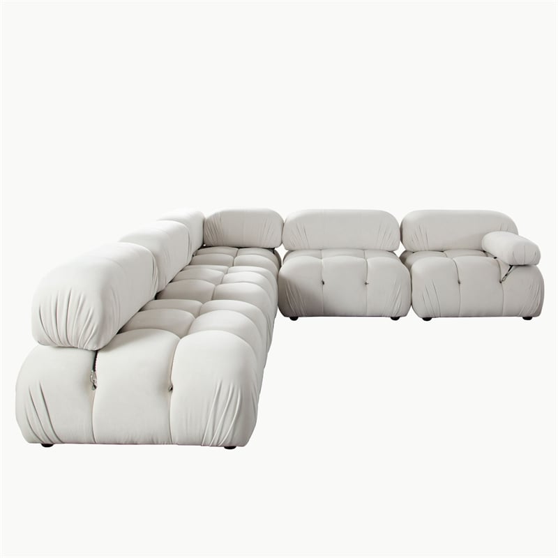 Benjara Hito 5 PC Modular Sectional L Sofa Set- Light Cream Bubble Grid Tufting