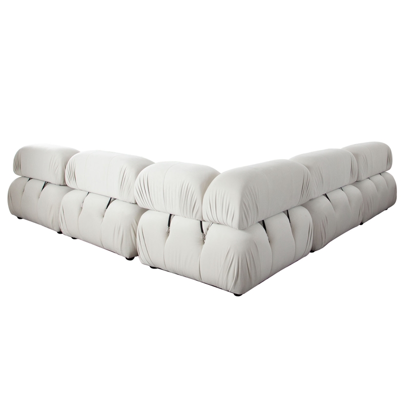Benjara Hito 5 PC Modular Sectional L Sofa Set- Light Cream Bubble Grid Tufting