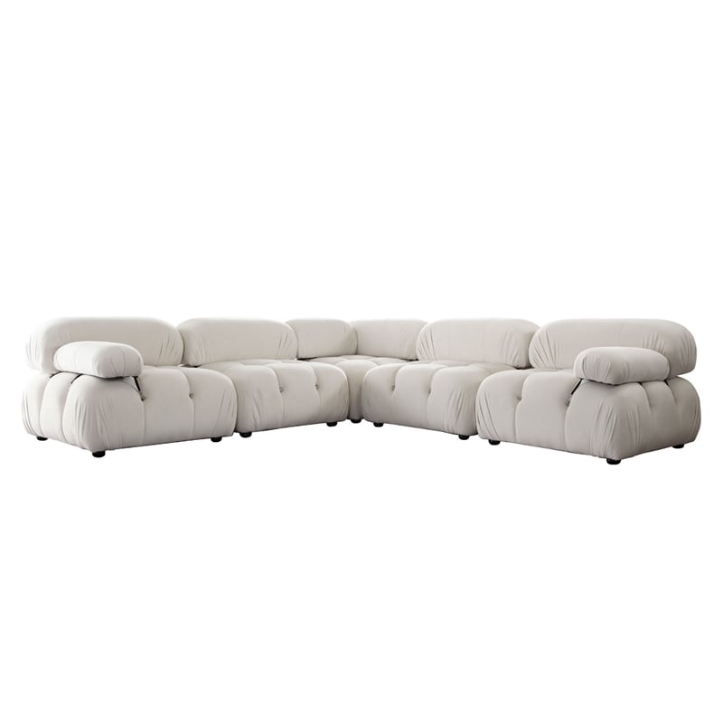 Benjara Hito 5 PC Modular Sectional L Sofa Set- Light Cream Bubble Grid Tufting
