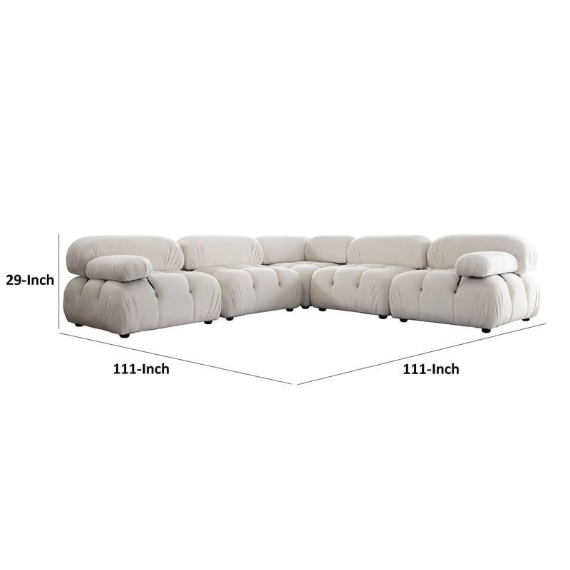 Benjara Hito 5 PC Modular Sectional L Sofa Set- Light Cream Bubble Grid Tufting
