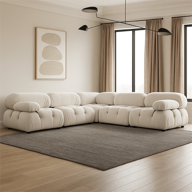 Benjara Hito 5 PC Modular Sectional L Sofa Set- Light Cream Bubble Grid Tufting