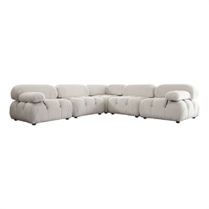Benjara Hito 5 PC Modular Sectional L Sofa Set- Light Cream Bubble Grid Tufting