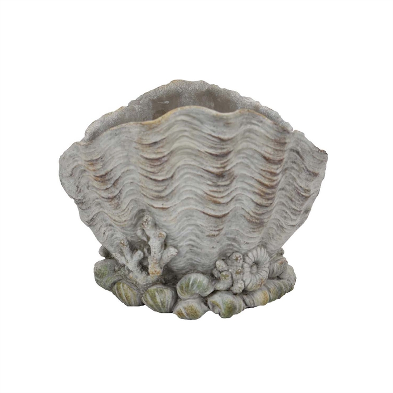 Benjara Coastal Clam Shell Planter w Coral Accents- Weathered Gray Terracotta